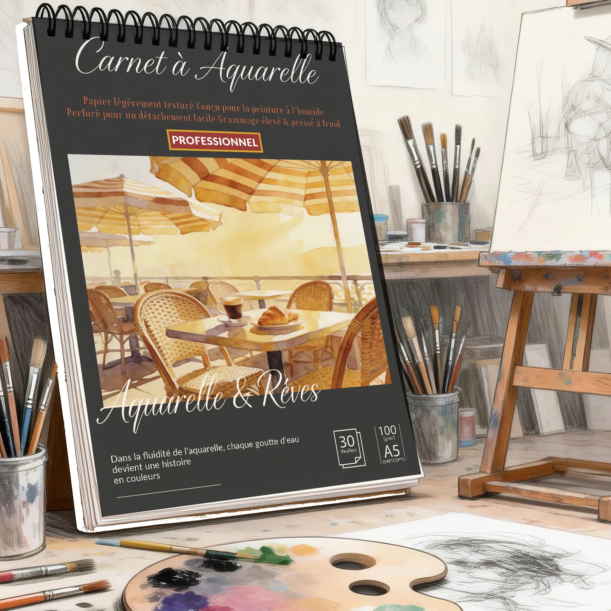 Spiral Bound Art Sketch Book A5, Black Hardcover Watercolor Paper Pad, Acid-Free Drawing Notebook – For Artists & Students, Back