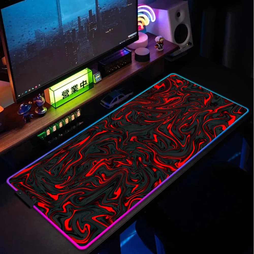 Tappetino per Mouse RGB Rosso e Nero con Texture Marmo Liquido, Retroilluminato, Accessorio da Scrivania per Gaming PC