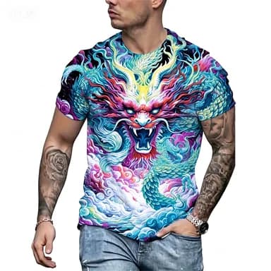 Summer Casual Men's Chinese Loong Printed T-shirt Short Sleeve Round Neck Top