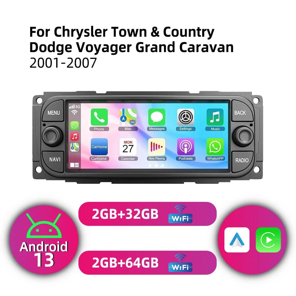 Android 13 6.86" Car Multimedia for Chrysler Town & Country Dodge Voyager Grand Caravan 2001-2007 1Din Radio Head Unit Autoradio