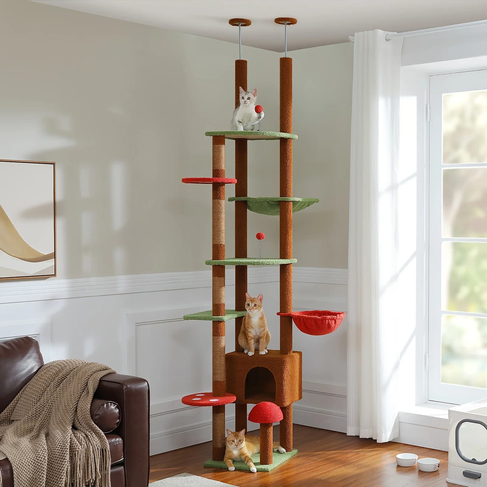Cat Tree Tower, Adjustable 90.5''-100.4'' (230-252CM) Tall, Floor To Ceiling, With Cat Condo, Cat Hammock, Scratching Post, Climbing Tree For Indoor Large Cats, Replacement Ball, Green, Brown, Pink, Black