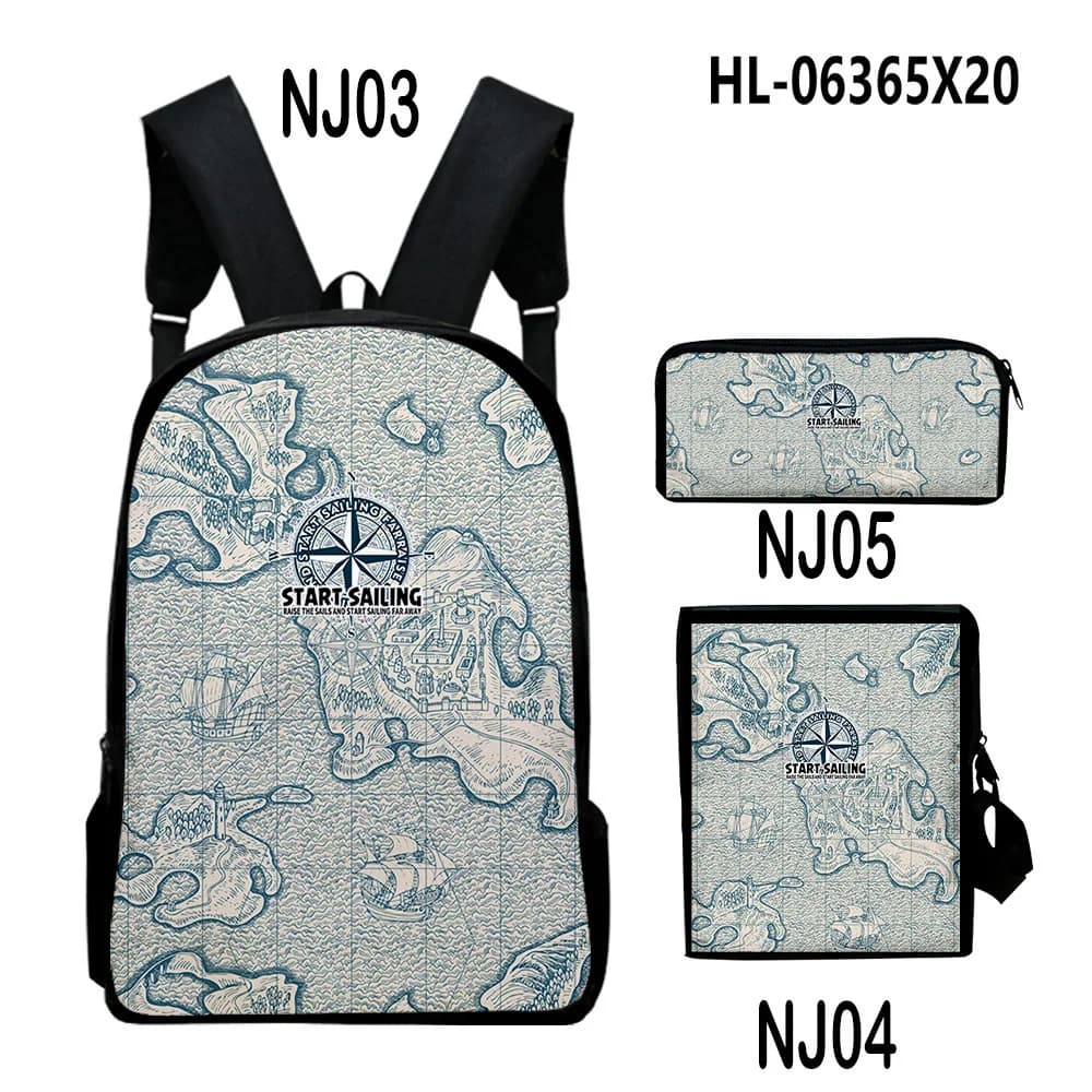 Classic Popular Retro navigation 3D Print 3pcs/Set pupil School Bags Laptop Daypack Backpack Inclined shoulder bag Pencil Case