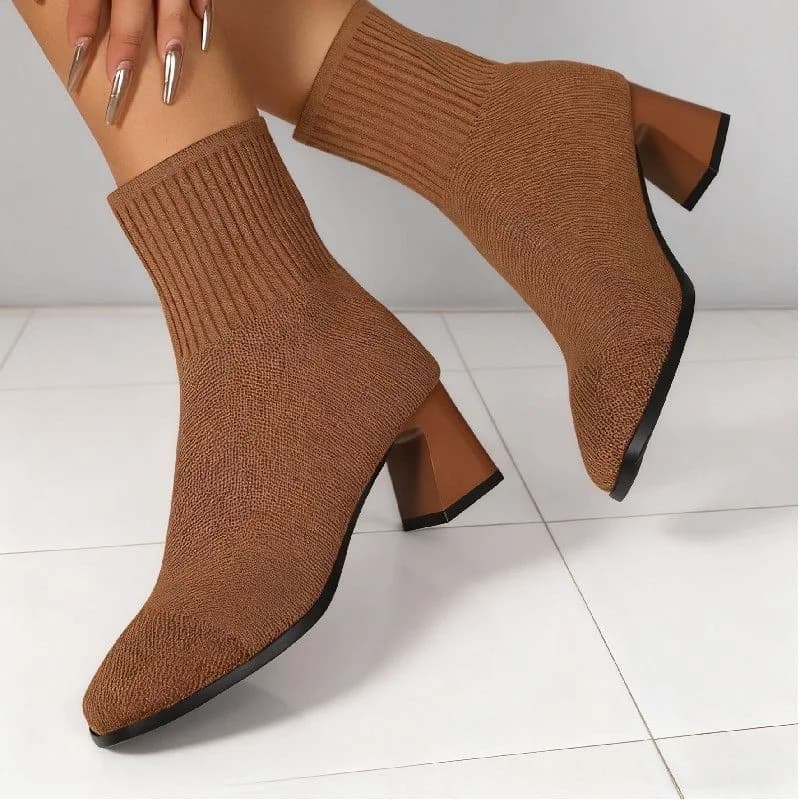 Square Toe Knit Sock Boots Elastic Slim Thick Block Heel High Heels Short Boots Fashion Autumn Casual Skinny Ankle Boots