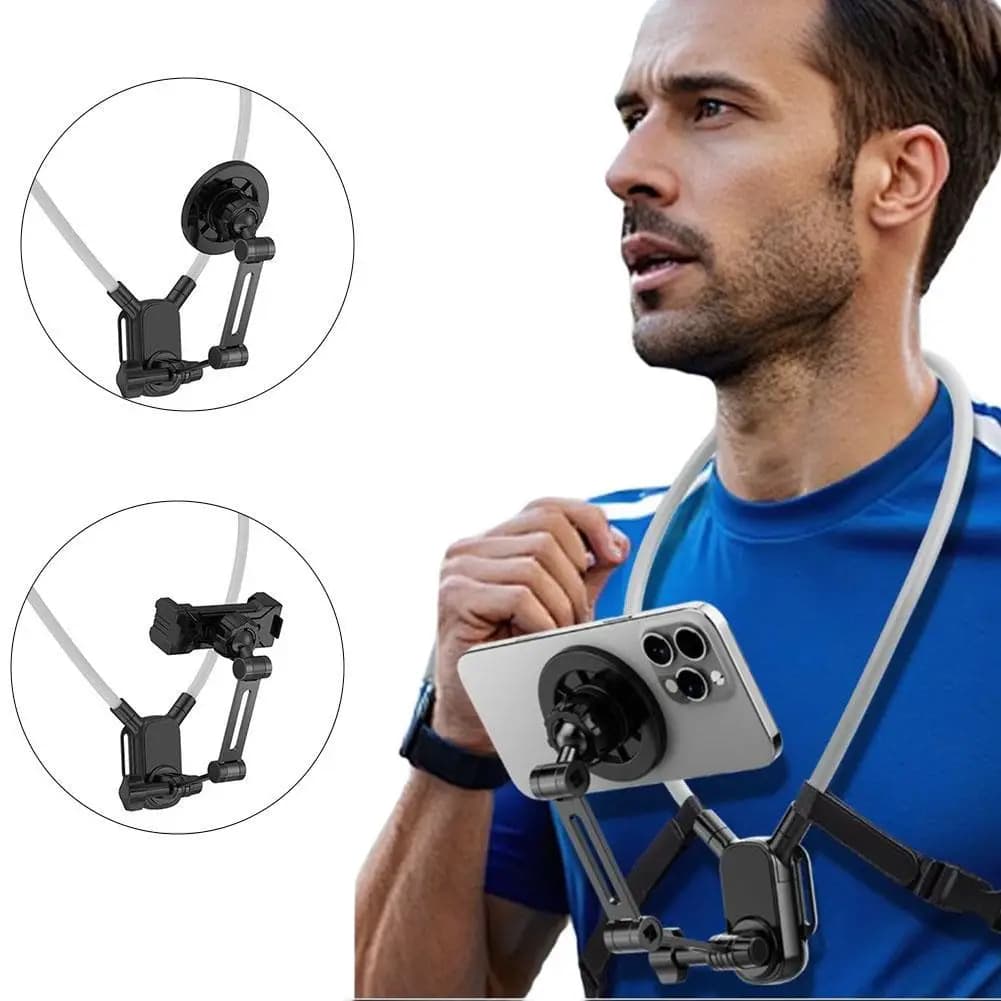 Support for phone hanging on the neck Support for portable hands-free flexible phone Magnetic version or with clips First-person perspective repeats