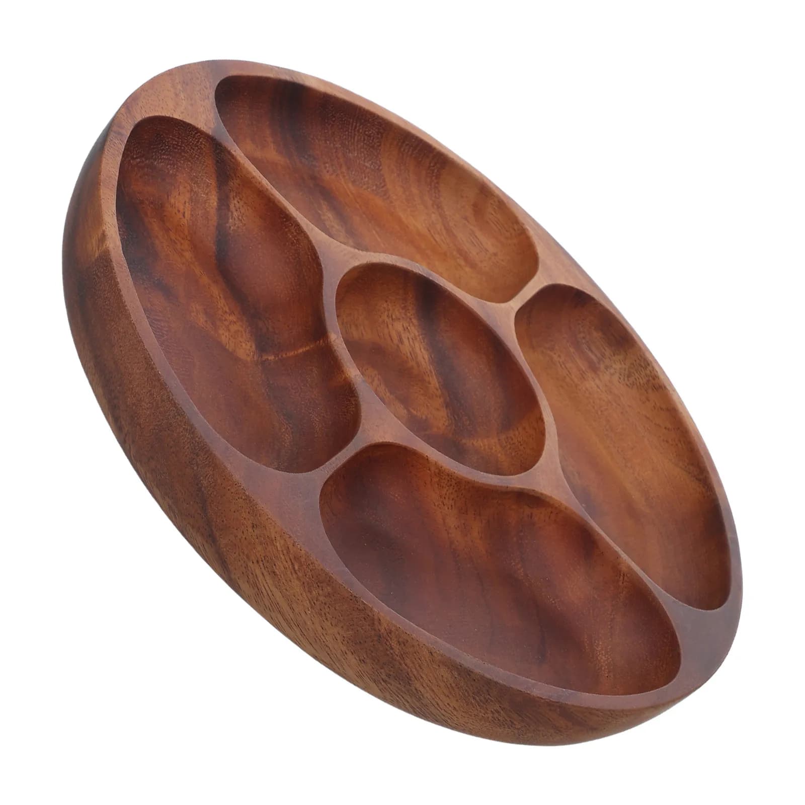 Vassoio Rotondo Diviso in Legno di Acacia con 5 Scomparti per Snack, Antipasti, Frutta Secca, Noci e Caramelle