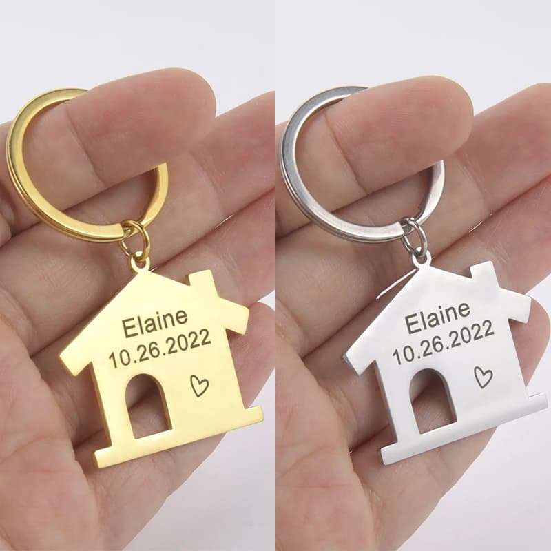 WLP Fashion House Shape Incisione laser Testo personalizzato Nome Data ID Portachiavi per famiglia Portachiavi speciale in acciaio inossidabile Regalo