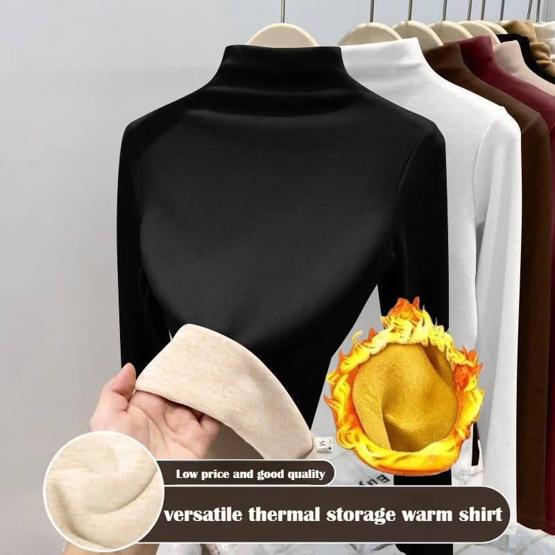Women's Autumn Semi High Neck with Thick Fleece Base Shirt Winter Anti Cold Thermal Underwear Heat Storage Long Sleeved T-shirt