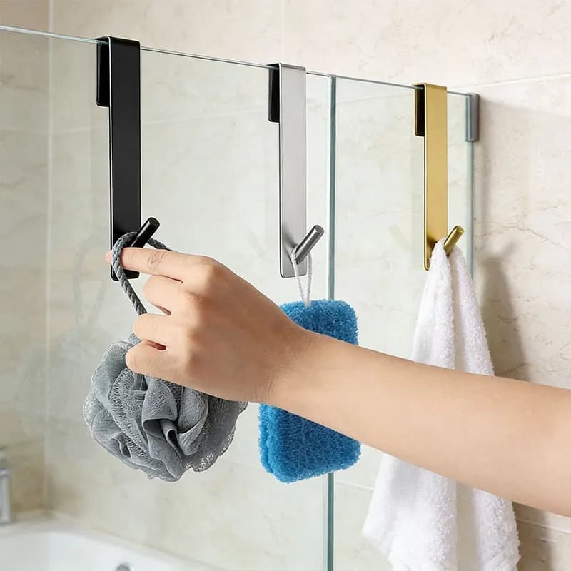 Stainless Steel Hook Removable Back Hanger Glass Door Rear Shelf Bathroom Punch-free Clothes Storage Rack