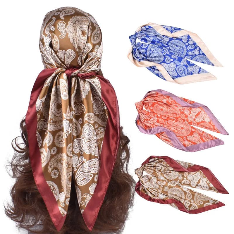 Foulard in Seta Satinata con Design Paisley di Lusso 90*90cm, Sciarpa Quadrata Stampata per Donna, Bandana, Hijab, Scialle