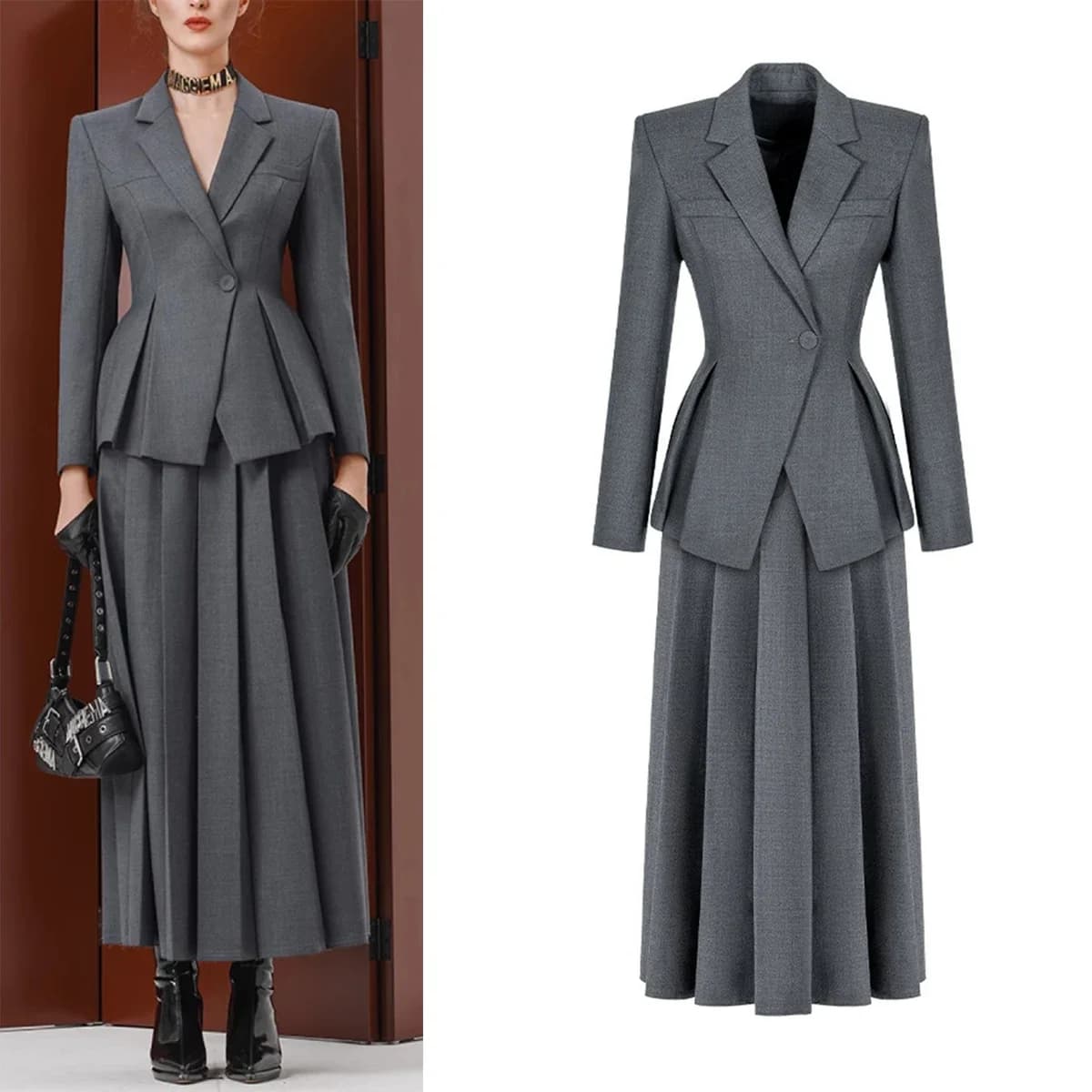 Autunno Inverno Office Lady Elegante gonna a due pezzi Set abito elegante abbigliamento da lavoro Giacca grigia + gonna a pieghe Abiti alla moda