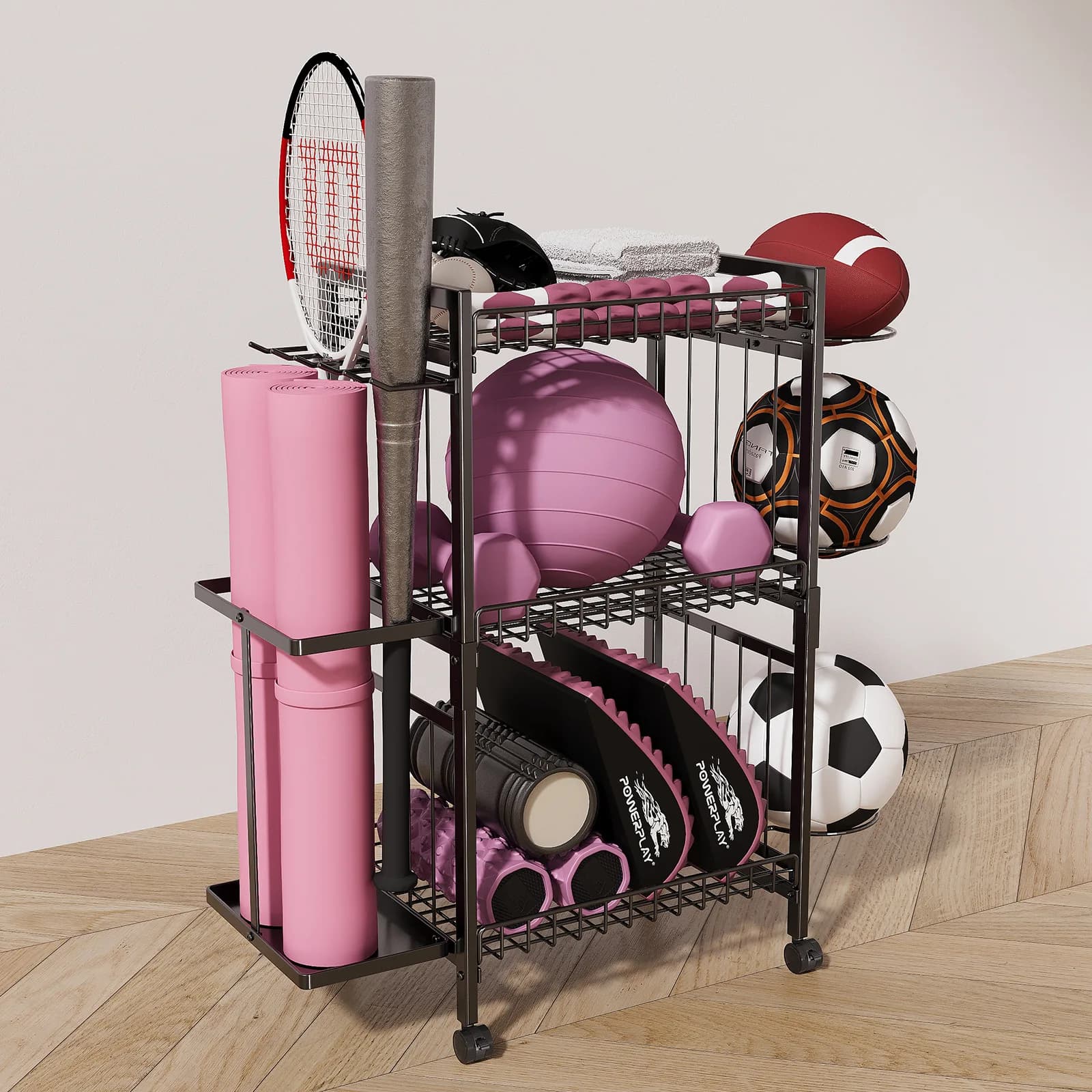 Removable and assembled object basket for sports equipment, basketball, yoga mats, fitness equipment and sports equipment