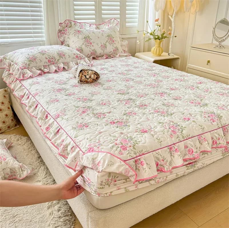 Coprimaterasso in cotone 100% Copriletto stile floreale Lenzuolo con angoli addensato Biancheria da letto trapuntata in pizzo (senza federa)