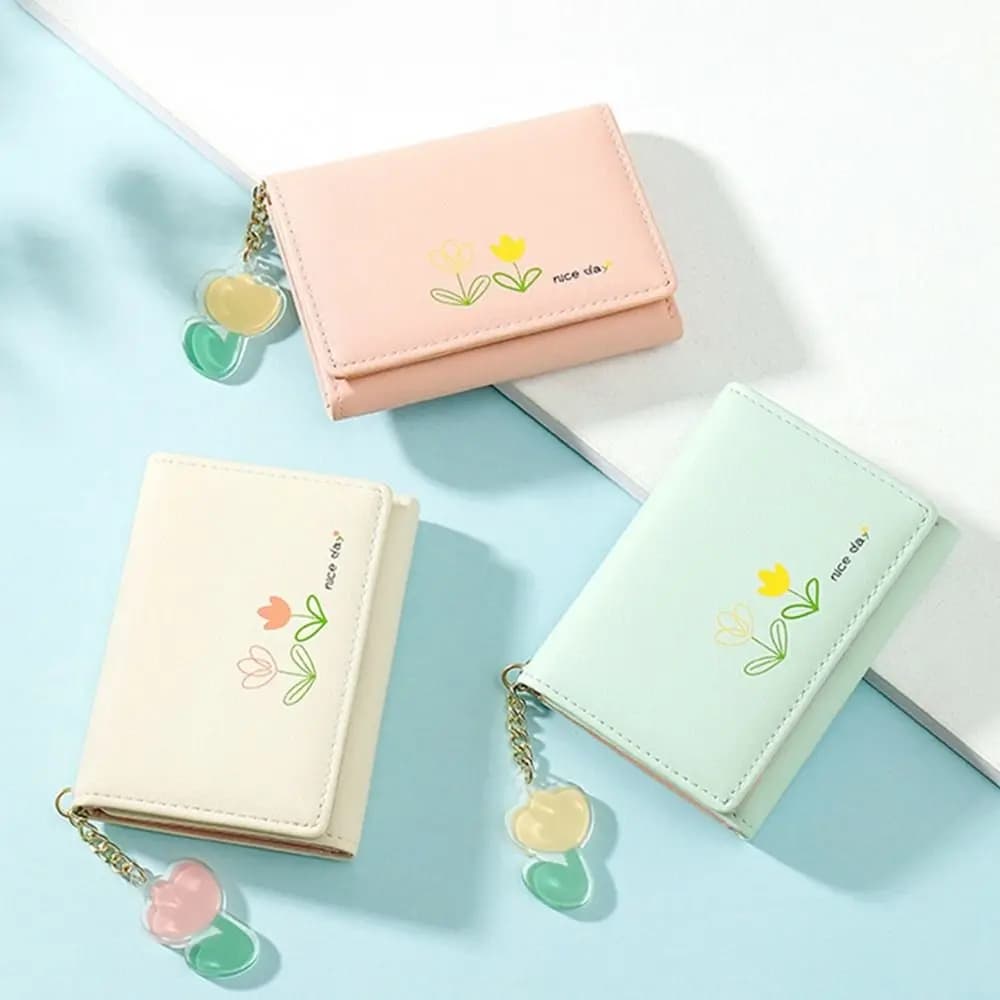 Multi Card Pockets PU Leather Tulip Prints Pattern Folded Bag Card Holder Women Wallet Short Coin Purse Credit Card Clip