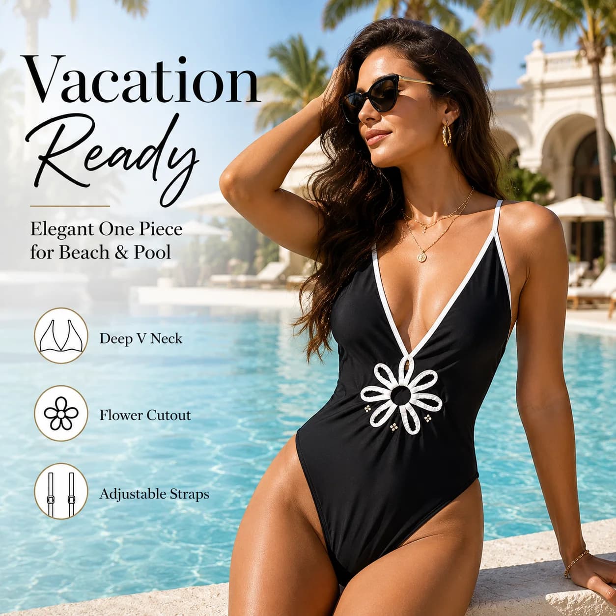 Luxury Women's Black Cutout One-Piece Swimsuit: Deep V-Neck Daisy Floral Monokini Bathing Suit for Summer Beach & Hot Spring