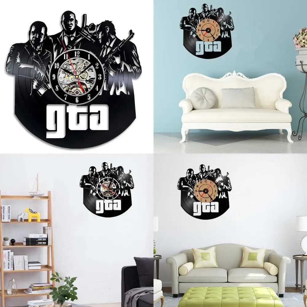 Wall clock with GTA round vinyl disc, gift for lovers of vintage creative games