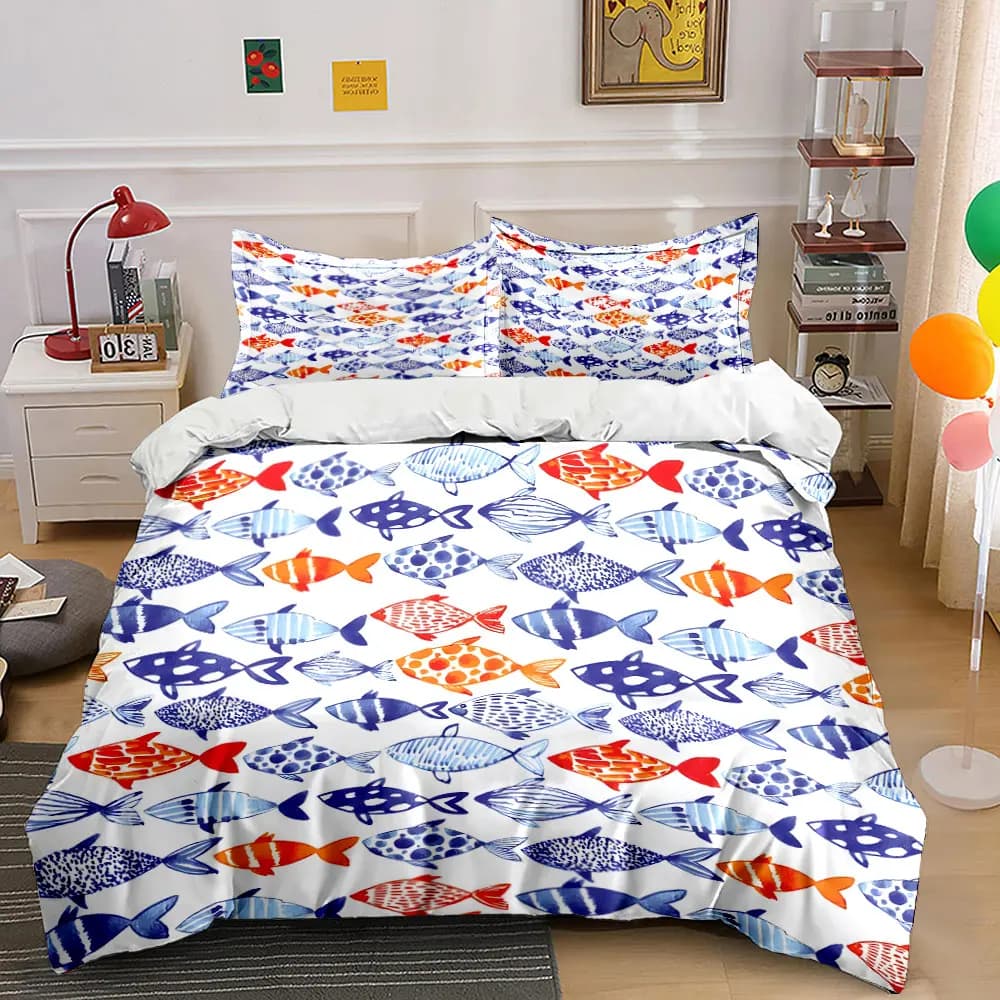Hand-painted fish pattern background Printed Duvet Cover Set 1 Duvet Cover+2 Pillowcase Multi Size Bedroom Bedding Decor