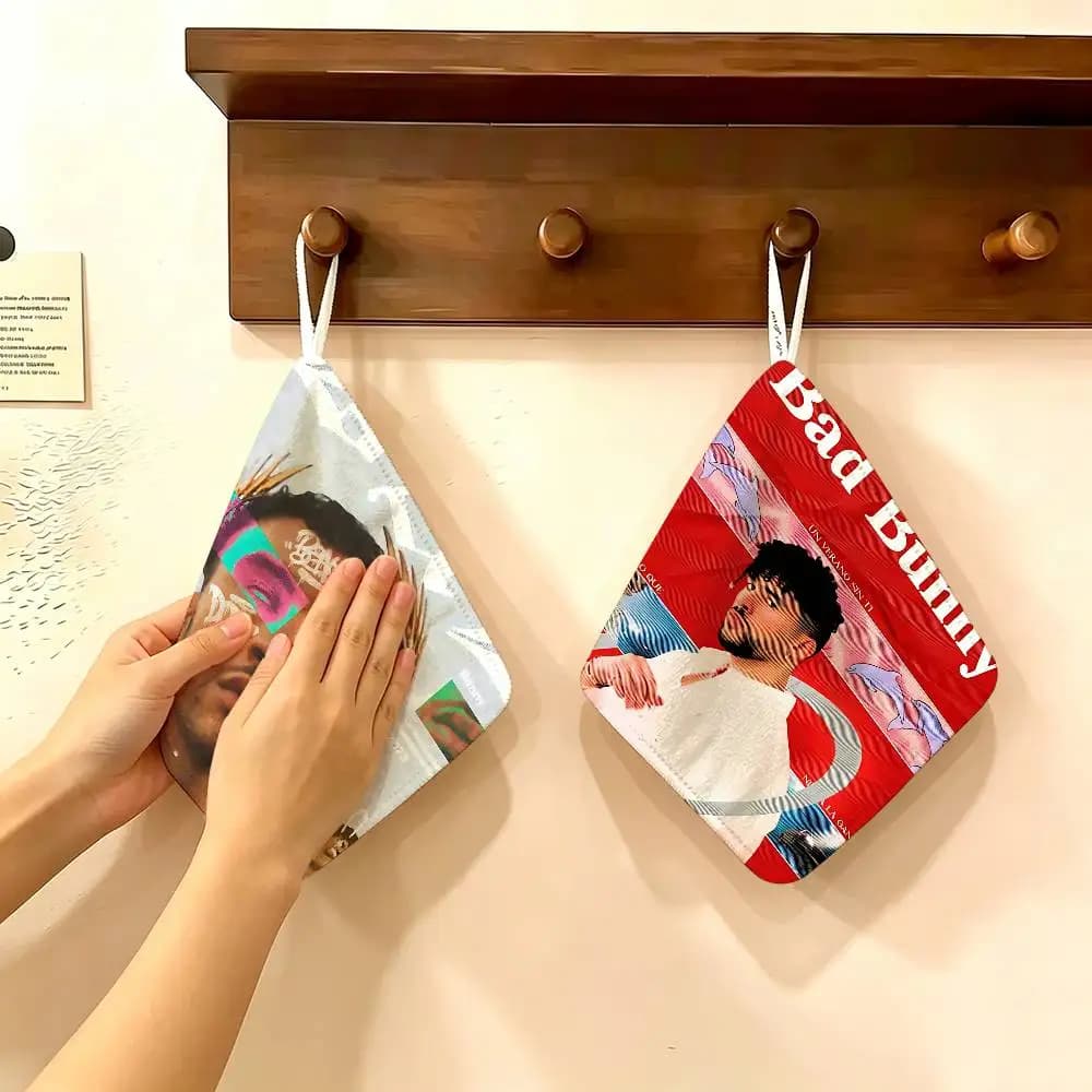 famous B-bad B-bunny Urban Music Album Hanging Polyester Cotton Towel, Reusable Hand Wiping Cloth, Wear Resistant for Home