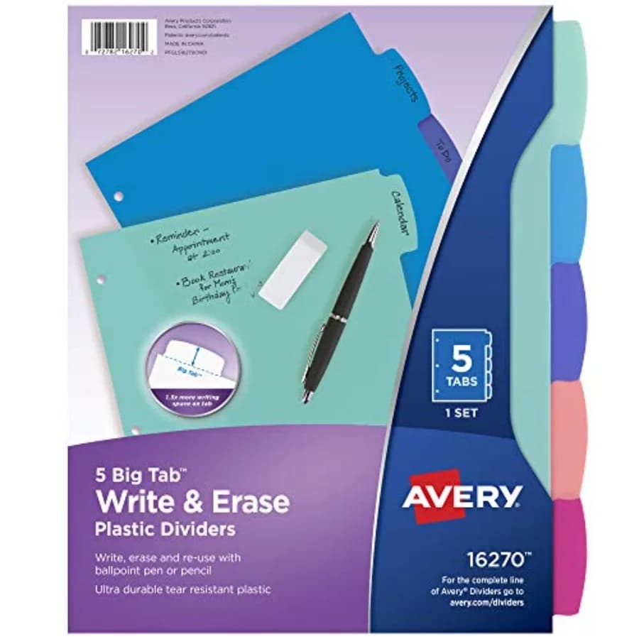 Write and Erase Dividers for 3 Ring Binders, 5 Tabs per Set, Multicolor Big Tabs, Pastels, Binder Dividers Great for Organizing