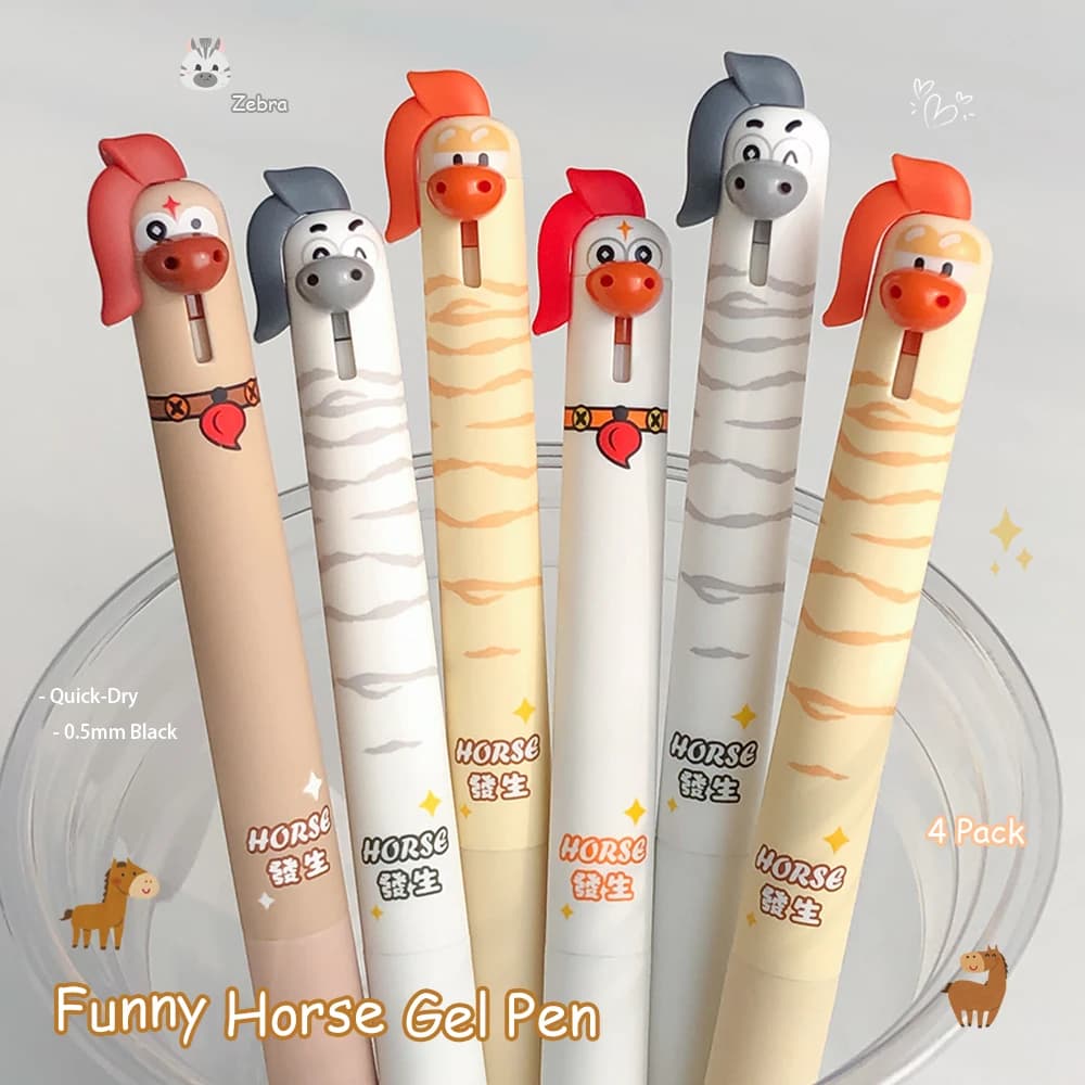 Set di 4 Penne Gel a Forma di Cavallo Divertenti, 0.5mm, Asciugatura Rapida, Design Animale Carino per Scuola, Studio e Lavoro d'Ufficio