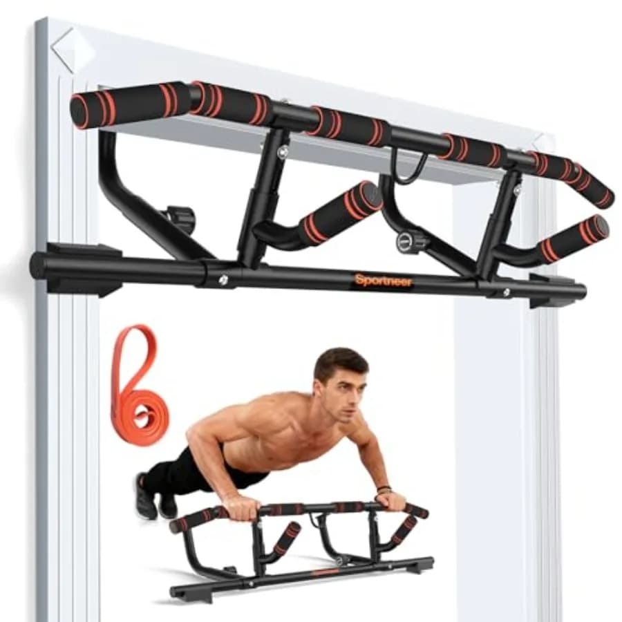 Doorway pull-up bar for home gym strength training, steel construction, black finish, folding handle with multi-grip design, 44