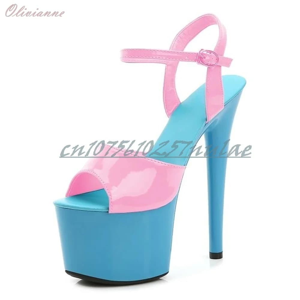 Blue and Pink Shiny Leather Sandals Stiletto High Heels Pole Dance Platform Hot Girls 2026 Sexy Fashion Women Dance Shoes