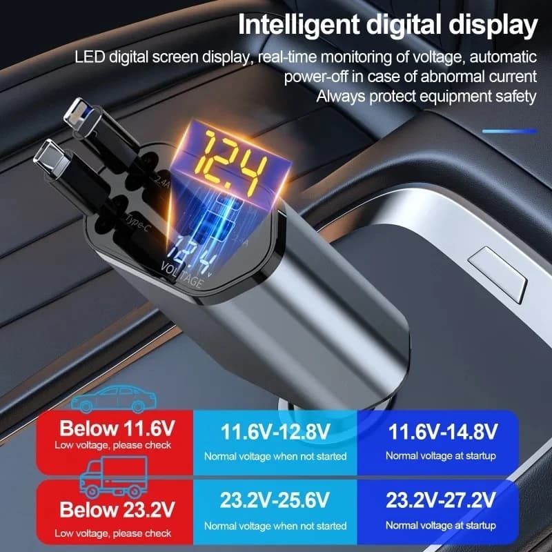 Caricabatteria da auto 120W 4 in 1 Adattatore per accendisigari per auto retrattile Cavo di ricarica rapido USB tipo C per IPhone Xiaomi Huawei Samsung