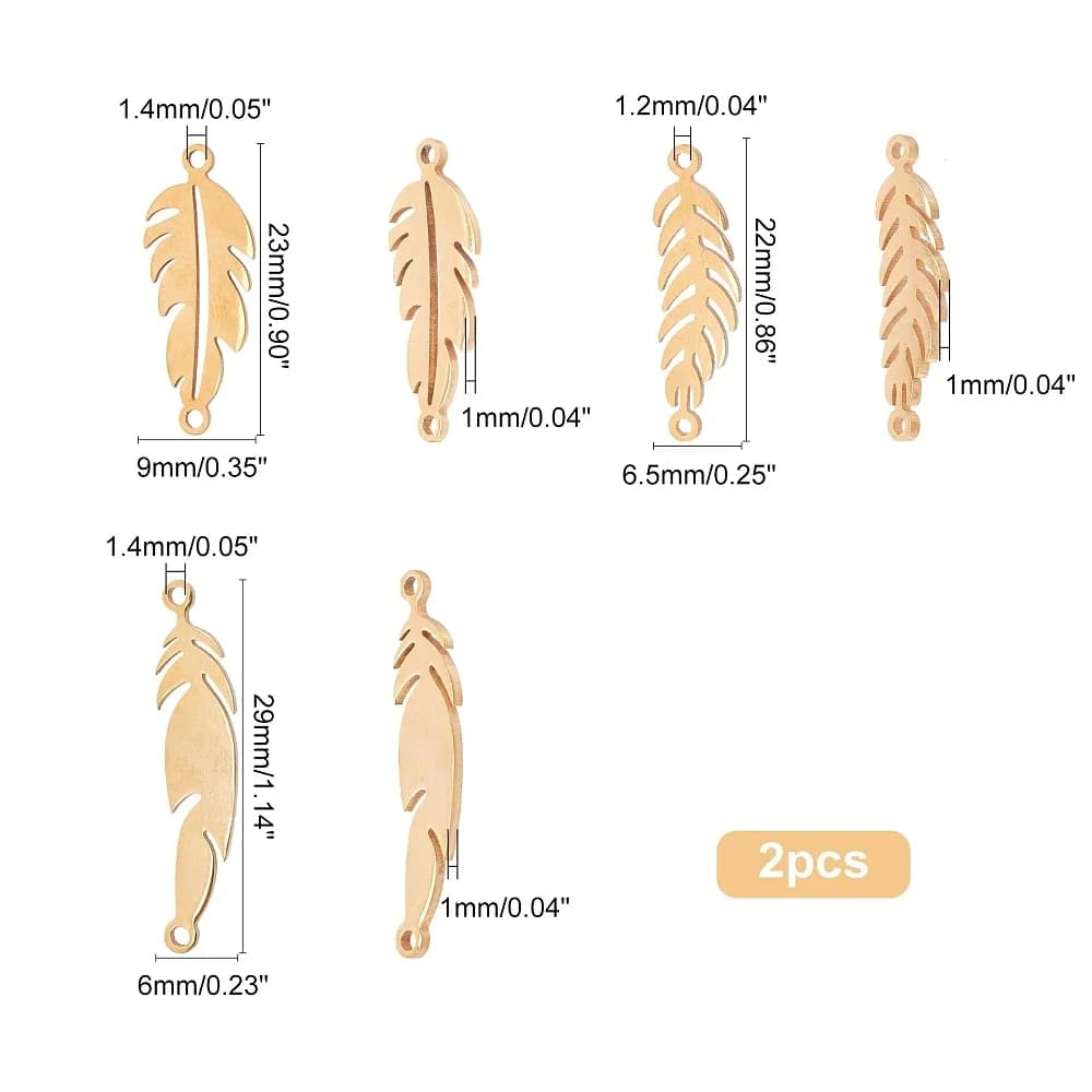 12Pcs 6 Style Stainless Steel Feather Connectors Bird Plumage Link Dream Catcher Feather for Bracelet Necklace Earrings Making