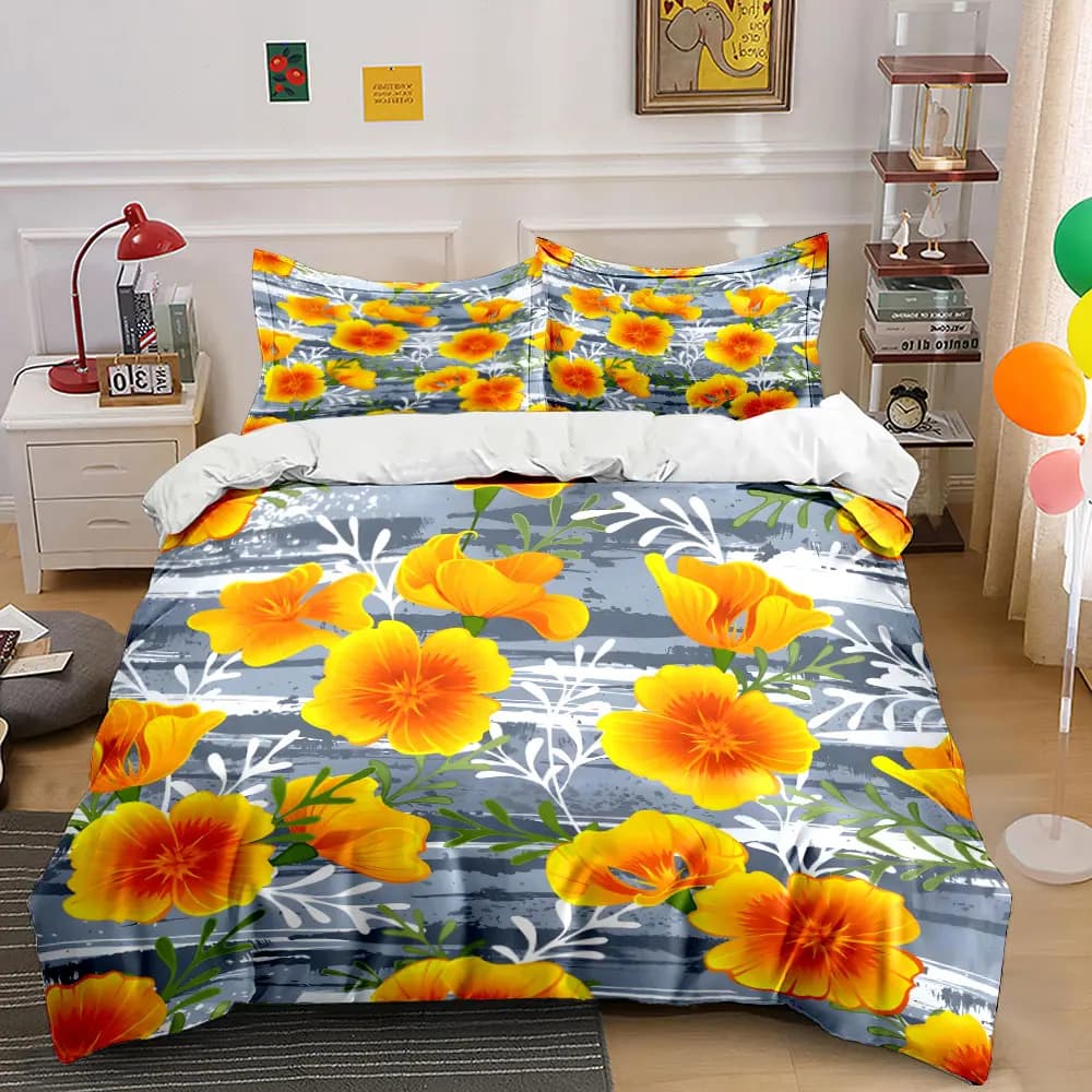 Set di biancheria da letto con stampa di fiori gialli su sfondo grigio, 1 copripiumino, 2 federe per adulti e bambini, regalo di lusso, misura completa