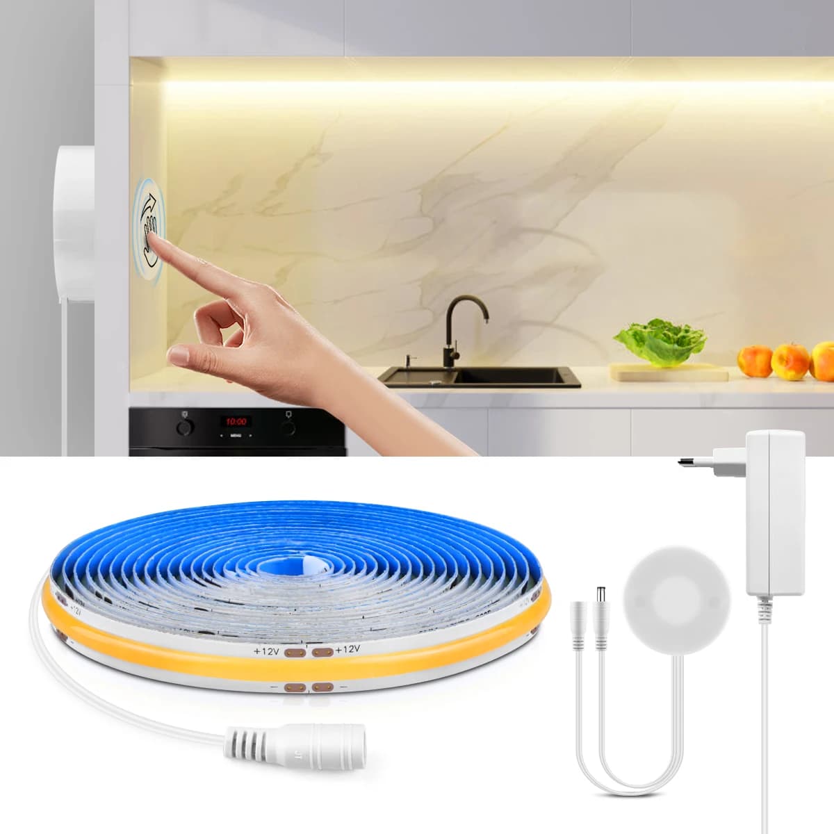 DC12V LED Light Strip COB with switch with wireless acrylic mirror touch sensor in wood penetrable dimmable for cabinet furniture Kichen