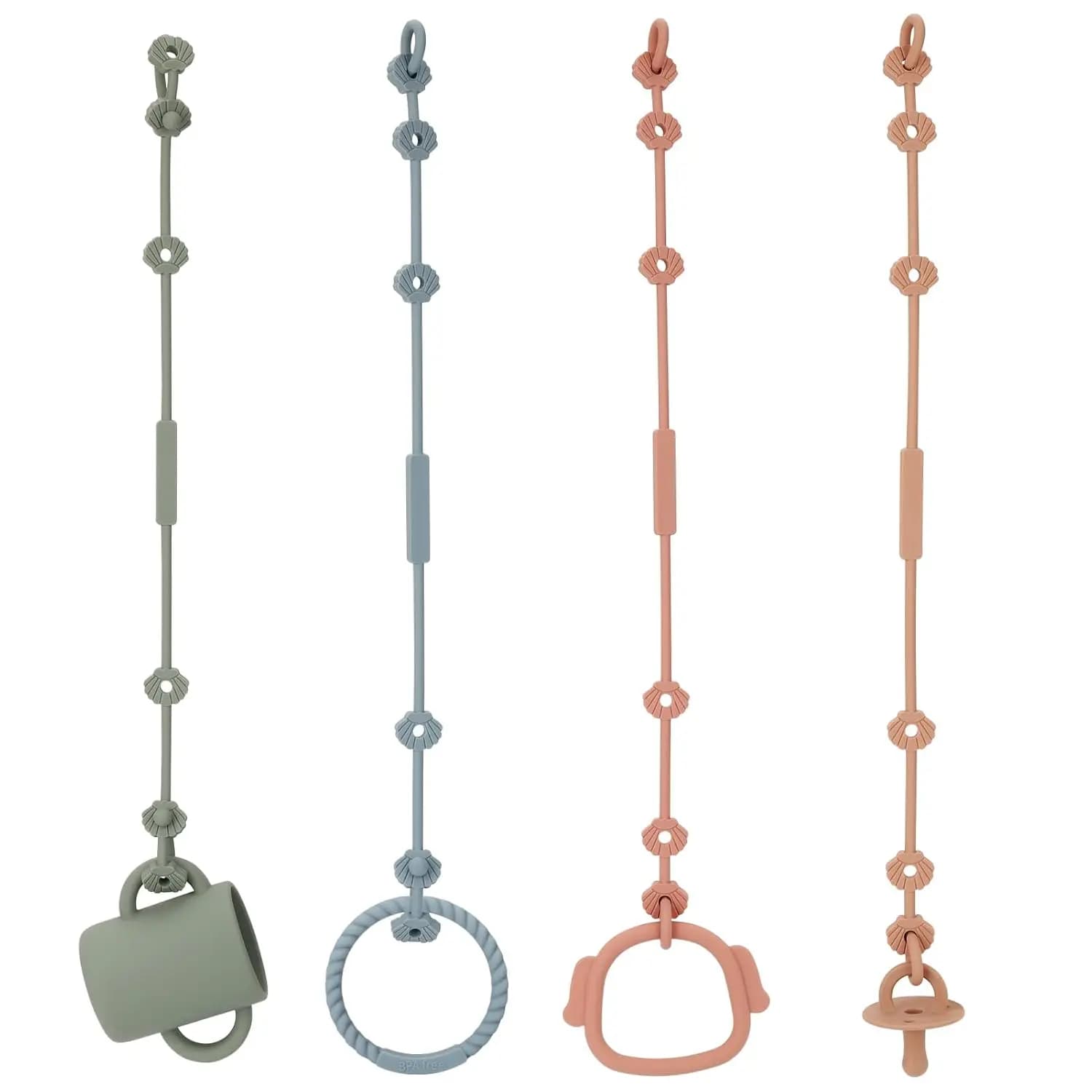 Cinghie regolabili per ciuccio in silicone per bambini, clip di sicurezza giocattolo per massaggiagengive da 4 pezzi per passeggini e seggioloni, senza BPA