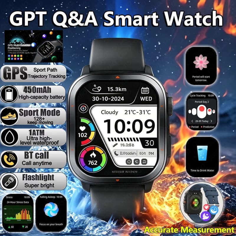 Nuovo Smartwatch GPS 2026 con Monitoraggio Pressione Sanguigna, Ossigeno nel Sangue, Frequenza Cardiaca, Chiamate Bluetooth, GPT Q&A, Salute Femminile e Monitoraggio del Sonno