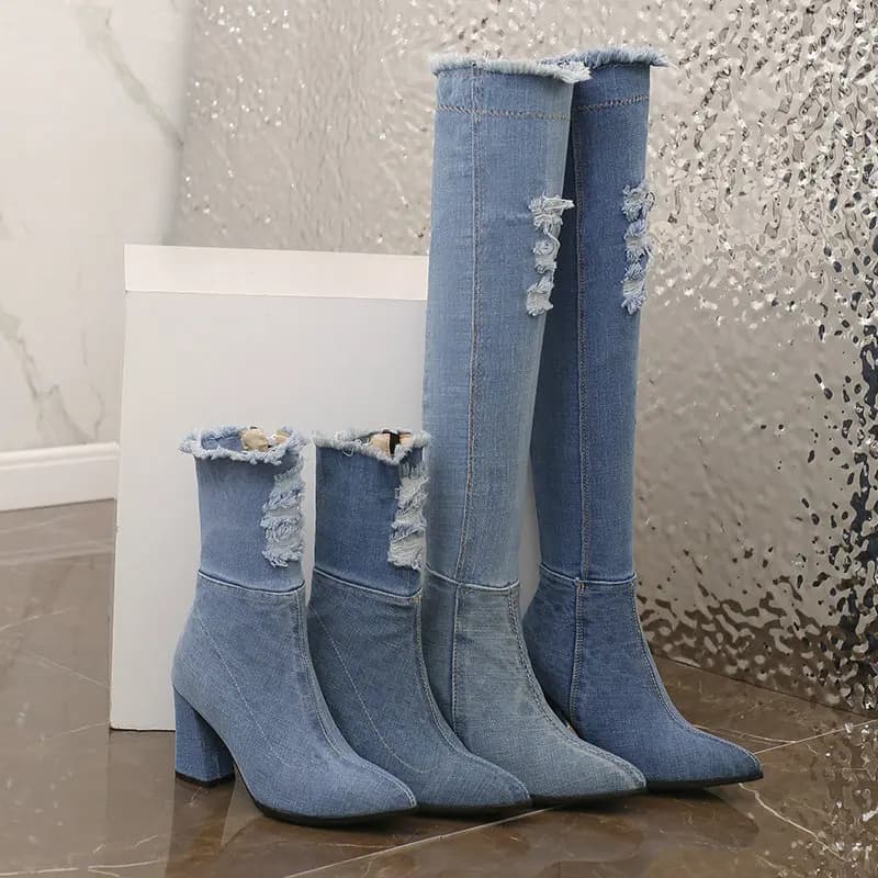 Jeans in Denim spazzolato calzini elasticizzati blu Botines Sexy Block tacchi alti scarpe corte alla caviglia da donna stivali lunghi sopra il ginocchio