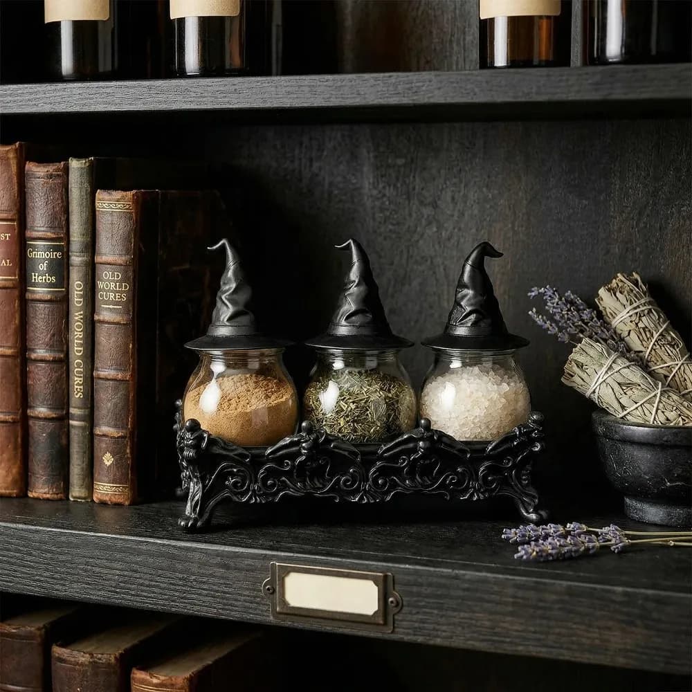 Desk Ornament Glass Apothecary Spice Jar Set Witch Hat Lid Vintage Witch Spice Jar Gothic Style Spice Container Party