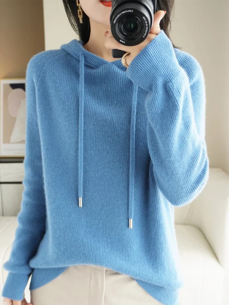 Autumn Winter New Style Women's Cashmere Hoodie Knitted Sweater Loose Fit Thickened Versatile Base Layer Shirt Commute Style ...