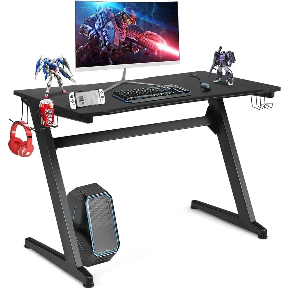 Scrivania da Gaming a Forma di Z in Fibra di Carbonio con Tappetino per Mouse, Portabicchieri e Supporto per Controller, per Ufficio Ergonomico e Gaming