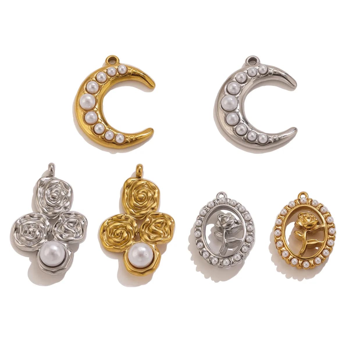 5Pcs Stainless Steel 18K Gold Plated Moon Rose pearl Charms Pendants DIY Necklace Bracelet Earrings Jewelry Making Accessories