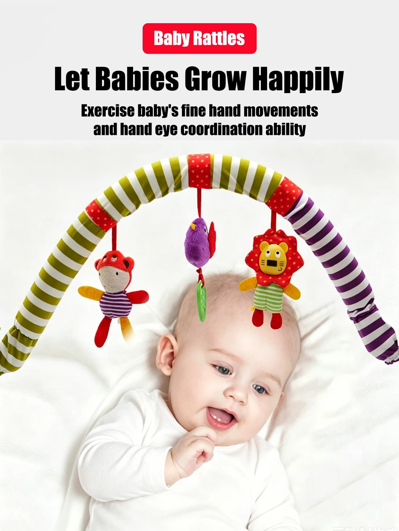 Clip-on Baby Car Seat Arch Rattle, Soft Stuffed Animal Hanging Toy with Sound Teether, Infant Visual Stimulation Crib Stroller A