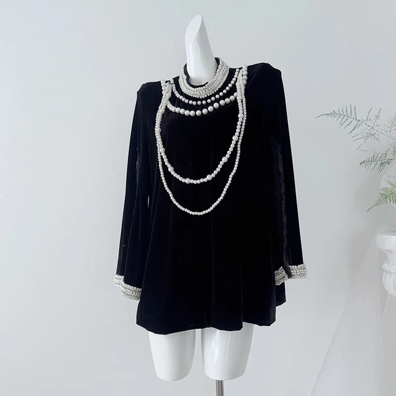 Autumn Winter Velvet Blouse Women with Long Sleeve Pearl Beaded Keyhole Buttons Black Shirts Elegant Lace Patchwork Tops 2026
