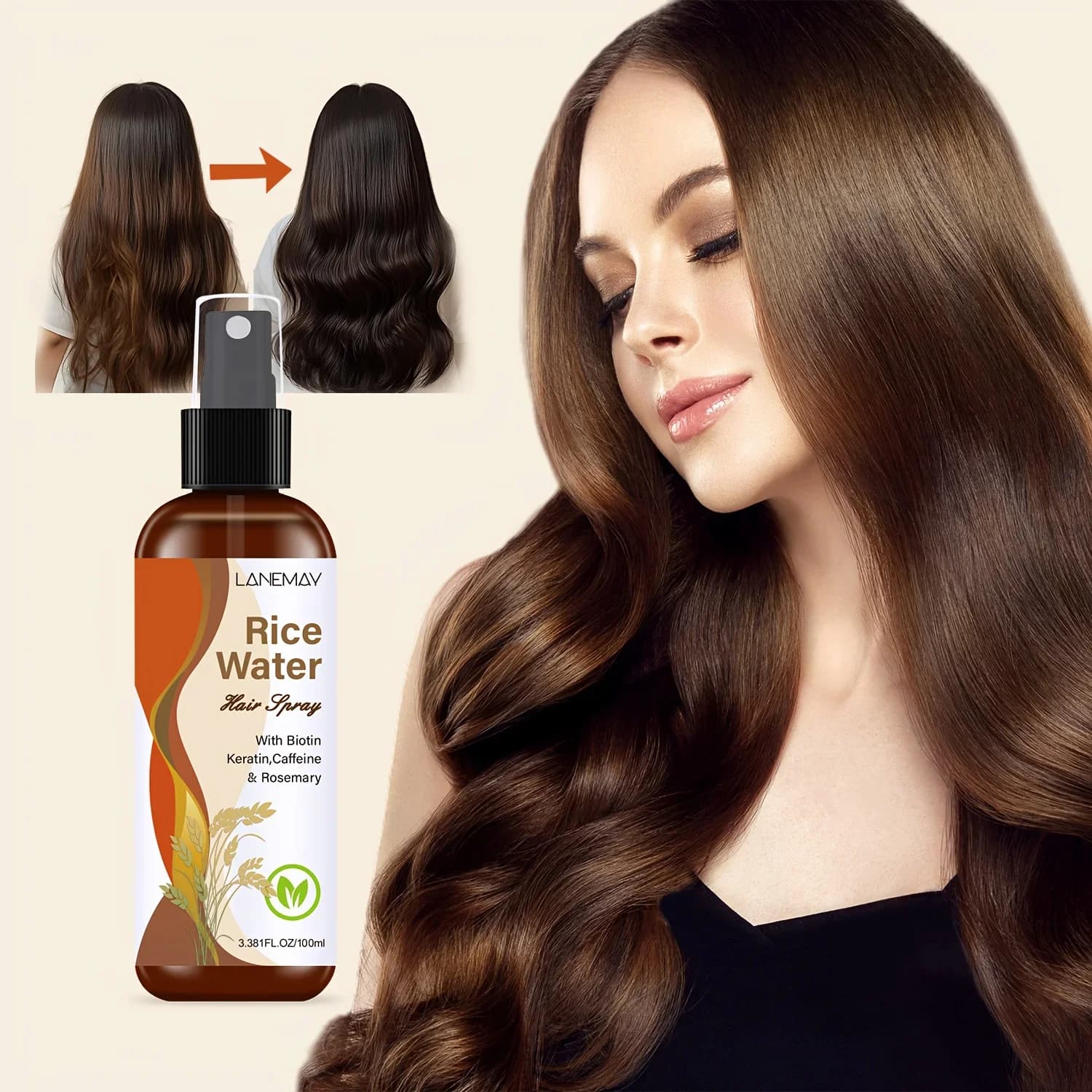 Hair spray with rice water - with biotin, keratin, caffeine and rosemary, smooth hair and reduce grovigli, addition of hair gloss for all types of hair