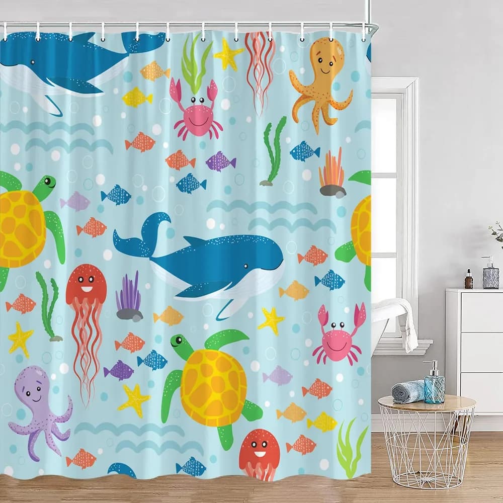 Tenda da doccia con animali marini dei cartoni animati, carina balena, stelle marine, decorazioni per la casa per il bagno, tenda da bagno in poliestere per bambini con ganci