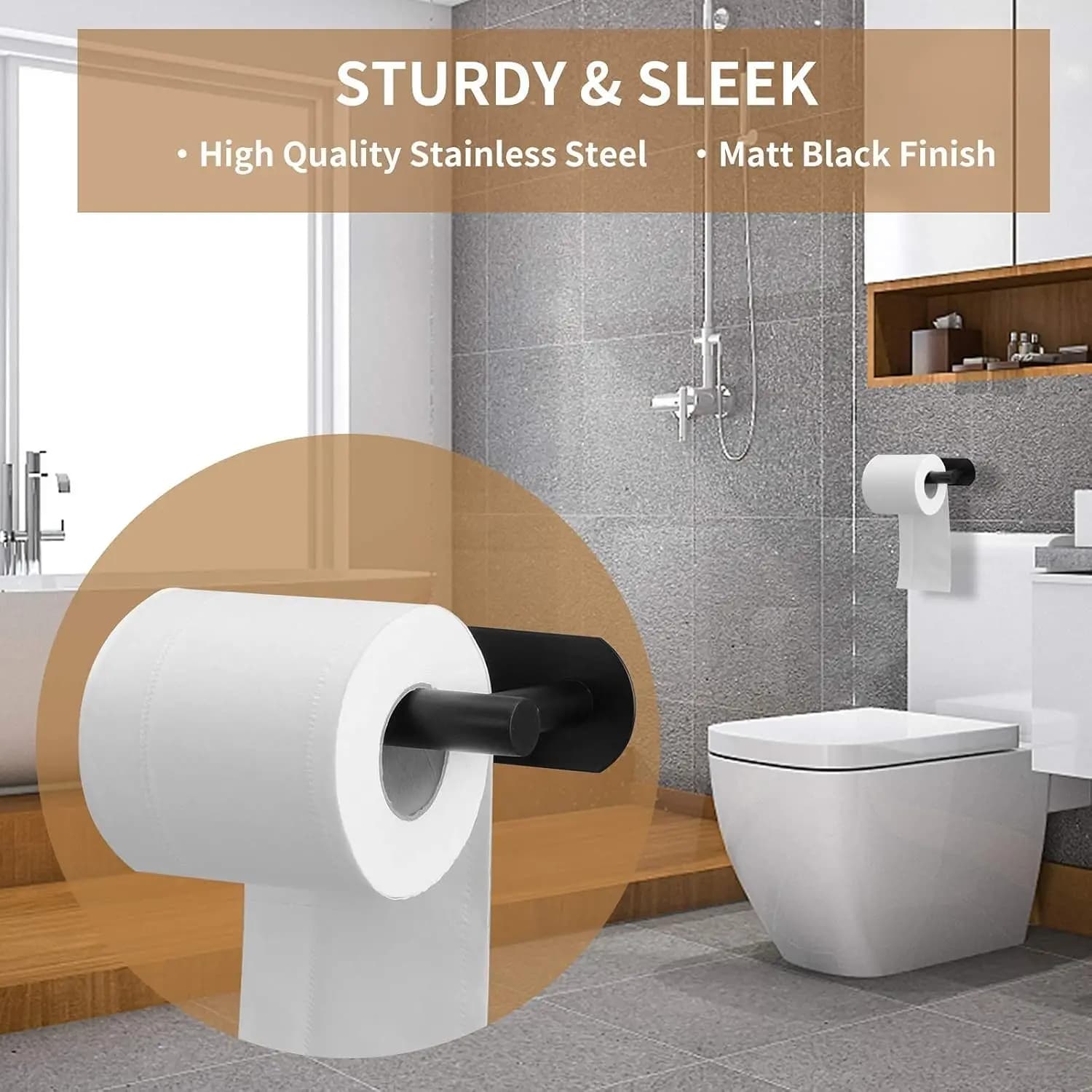 Toilet Paper Holder, Adhesive, Matte Black, Stainless Steel Wall Mounted, Toilet Paper Holder, No Drilling, Bathroom/Toilet