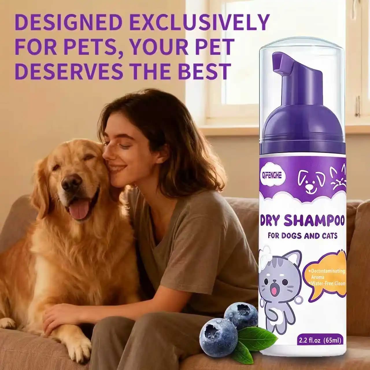 QIFENGHE Shampoo a Secco per Animali Domestici 65ml, Detergente Senza Risciacquo per Cani e Gatti, Schiuma Aromatica Delicata Decontaminante