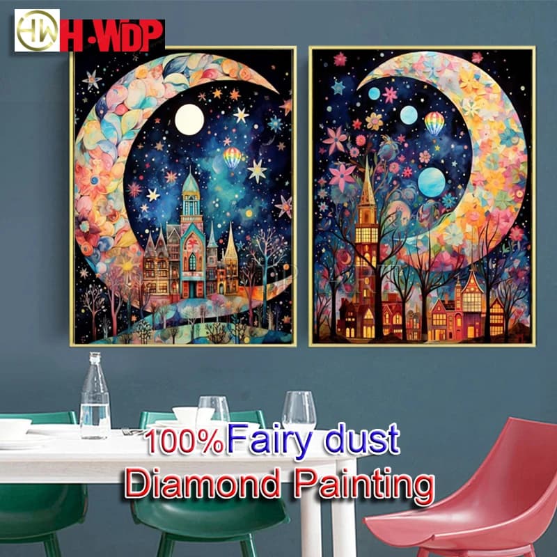 Quadro Diamond Painting 100% AB con Diamanti, Paesaggio in Cristallo, Ricamo a Punto Croce, Diamond Art con Polvere di Fata, Decorazione Completa in Cristallo per la Casa