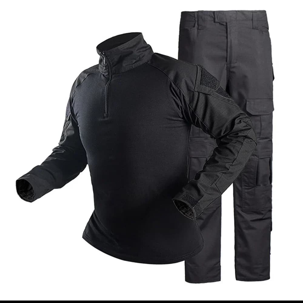 Completo Tattico G3 Frog per Uomo, Set Camicia e Pantaloni da Combattimento, Uniforme Militare Mimetica Nera con Ginocchiere e Guanti per Caccia ed Escursionismo