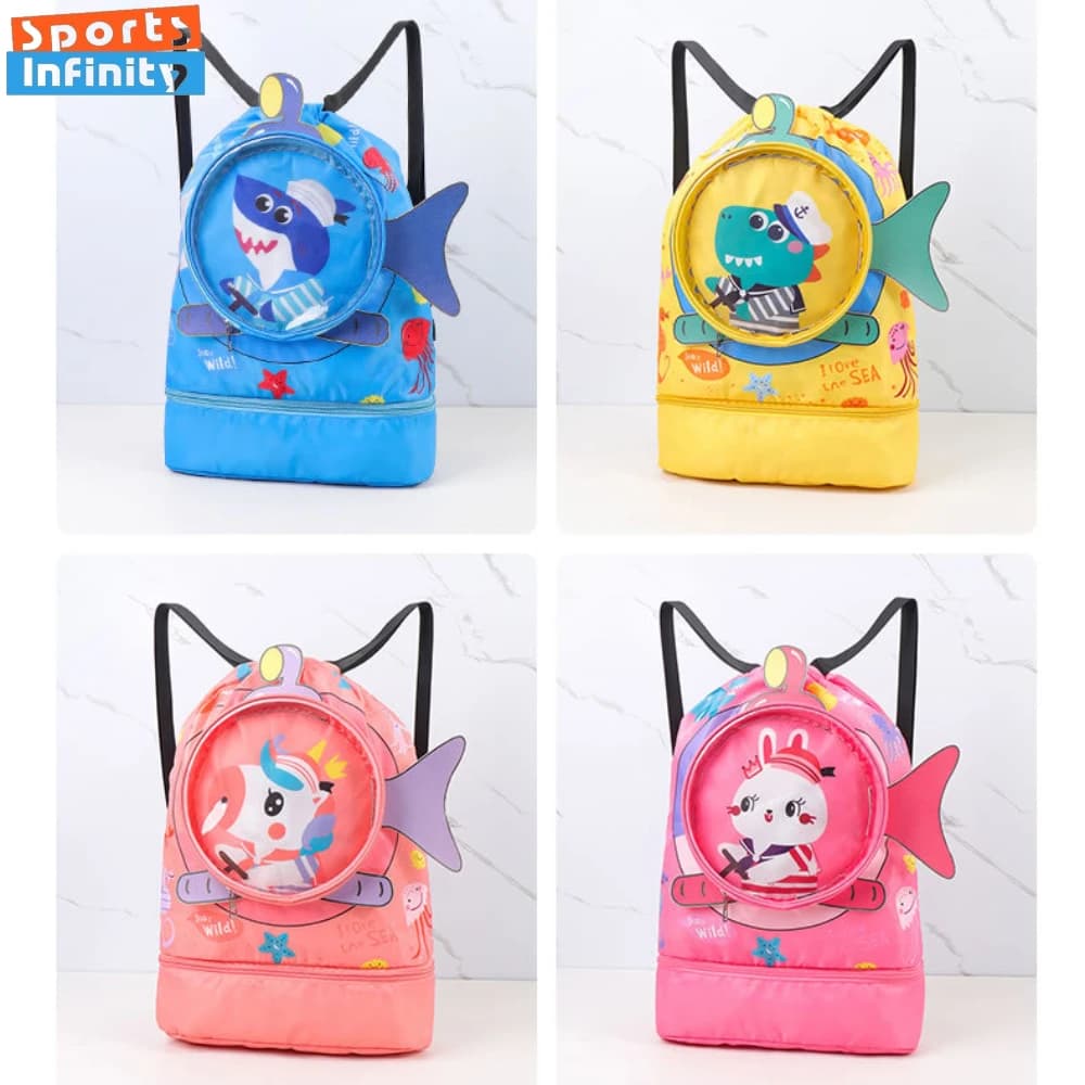 Kids cartoon swim bag, waterproof, for dry and wet clothes, with shoes, glasses, bag holders, backpack, swimming accessories