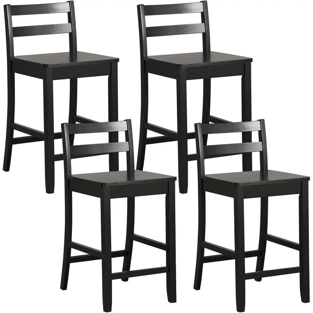 Set di 4 Sgabelli da Bar in Legno Alti 61 cm con Schienale Ergonomico e Poggiapiedi per Isola Cucina o Pub, Neri