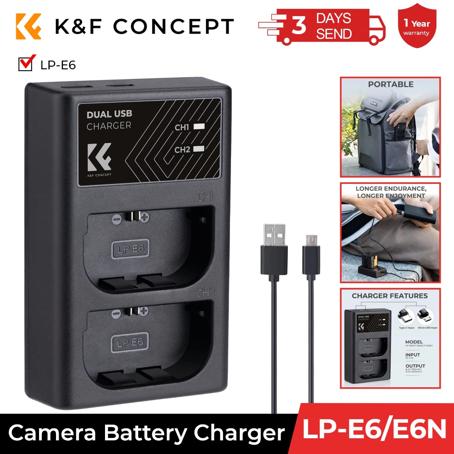 Caricabatterie K&F CONCEPT LP-E6/LP-E6N/LP-E6NH a Doppio Slot Ricarica Rapida per Fotocamere Canon EOS R5, EOS R6, EOS R, EOS 5D Mark IV, 5D