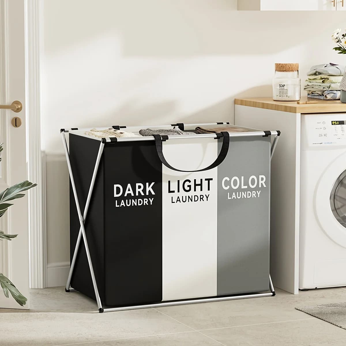 1 basket for big linen for PC, basket for linen divided into 3 sections, container for folding washing, bag for storing dirty cloth