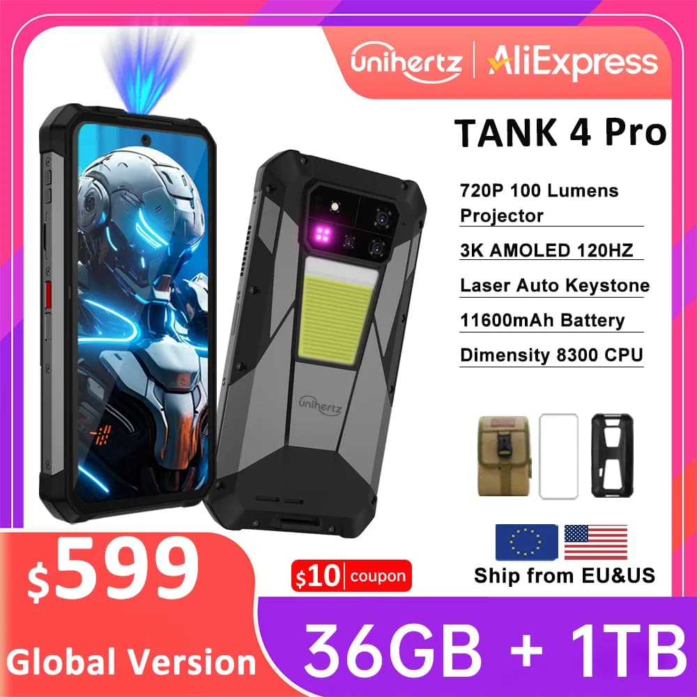 Unihertz 8849 Tank 4 Pro Proiettore 5G Smartphone 36GB 1TB Dimensity 8300 Telefono Android 14 11600mAh Proiettore 720P 100 lumen