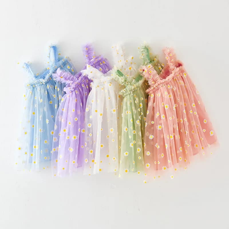 Abito estivo da bambina con fionda senza maniche con stampa margherita, abito da principessa in tulle a trapezio, gonna per festa di compleanno per bambini, vestiti carini per bambini